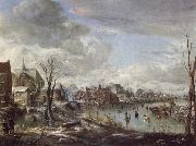 A Frozen River Near a Village,with Golfers and Skaters Aert van der Neer